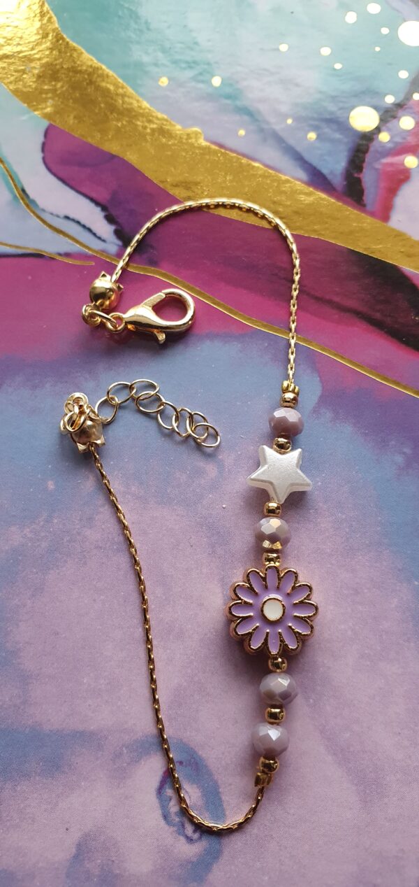 Gold Kids Bracelet – Tiny Purple Flower Charm Bracelet for Girls