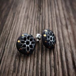 Handmade black ice porcelain stud earrings with 24K gold accents
