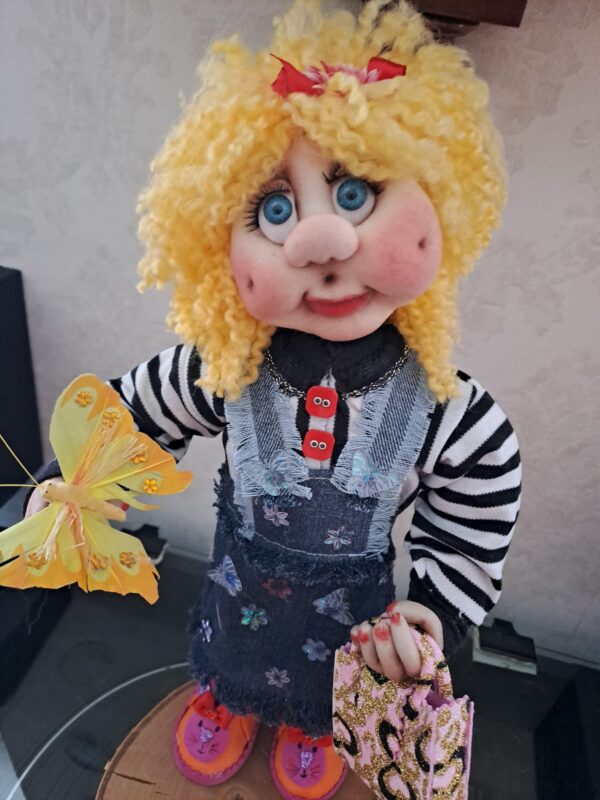 Whimsical Handmade Girl Doll with Yellow Curly Hair & Butterfly – OOAK Soft Sculpture Art Doll
