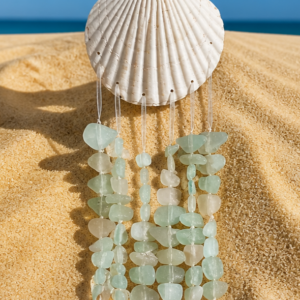 Handmade Sea Glass Wind Chime | Scallop Shell Hanging Wall Decor | Coastal Beach House Art