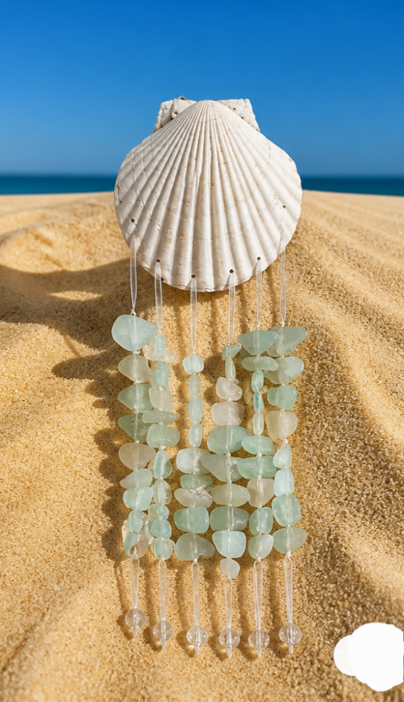 Handmade Sea Glass Wind Chime | Scallop Shell Hanging Wall Decor | Coastal Beach House Art