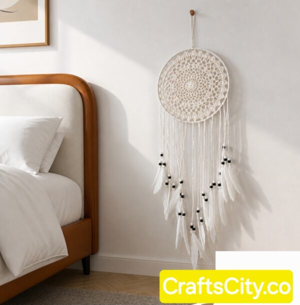 White Crochet Dreamcatcher, Boho Chic Wall Hanging, Handmade Macrame Dream Catcher, Nursery Room Decor, Aesthetic Bedroom Accent Gift