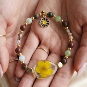 Golden Meadow Bloom Bracelet – Real Spring Flower & Natural Gemstones