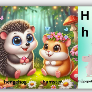 A vibrant, whimsical children's book illustration showing a cute, wide-eyed cartoon hedgehog holding a tiny mushroom next to a fluffy brown hamster wearing a pink flower crown. They sit in a magical forest filled with daisies, large mushrooms, and floating blue butterflies. The right side of the page shows a teal border with the letter "H" in uppercase and lowercase, alongside simple cartoon drawings of a spider and a hippopotamus.