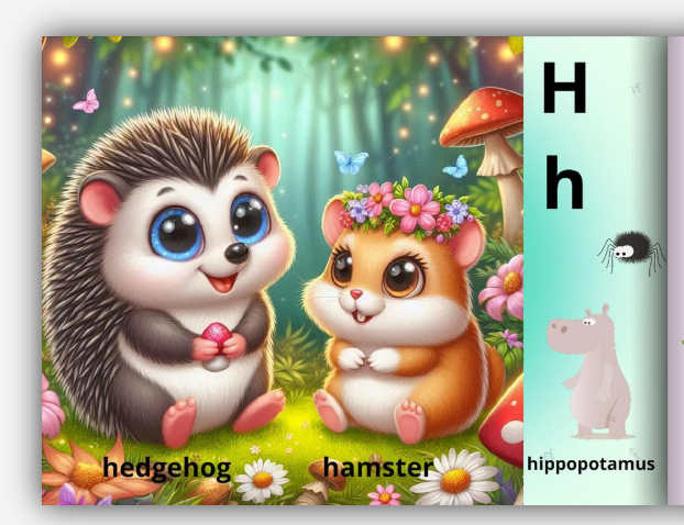 abc book 2 A vibrant, whimsical children's book illustration showing a cute, wide-eyed cartoon hedgehog holding a tiny mushroom next to a fluffy brown hamster wearing a pink flower crown. They sit in a magical forest filled with daisies, large mushrooms, and floating blue butterflies. The right side of the page shows a teal border with the letter "H" in uppercase and lowercase, alongside simple cartoon drawings of a spider and a hippopotamus.