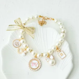 Elegant Pearl Dog Collar with Charms | Princess Cat Necklace with Gold Bow | Luxury Puppy Jewellery | Girly Kitten Neck Strap | Pet Photo Prop Charm