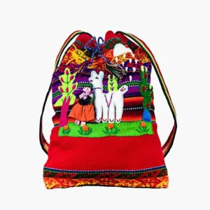 Handmade Peruvian Arpilleria Small Backpack – Vibrant Hand-Woven Alpaca Drawstring Bag for Kids
