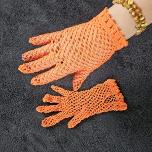 Handmade Crochet Lace Gloves – Burnt Orange Fishnet Driving Gloves, Retro Cottagecore Halloween Festival Mesh Mittens, Vintage Style Wrist Length Lace Gloves