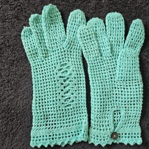 Handmade Crochet Lace Gloves – Vintage Mint Green Fishnet Driving Gloves, Retro Cottagecore Bridal Wrist Length Mesh Mittens with Button Detail