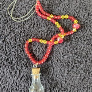 Hanging Car Air Freshener Bottle – Empty Refillable Glass Diffuser, Red and Yellow Crystal Beaded Hanger, Cork Stopper Car Fragrance Charm Auto Decor Gift