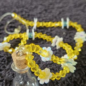 Hanging Car Air Freshener Bottle – Empty Refillable Glass Diffuser, Yellow Crystal and White Flower Beaded Chain, Cork Stopper Car Fragrance Charm Gift