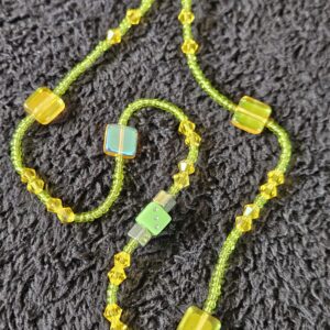 Handmade Beaded Rearview Mirror Charm – Lime Green and Yellow Crystal Car Accessory, Y2K Dice and Square Glass Bead Car Ornament, Aesthetic Auto Decor Gift