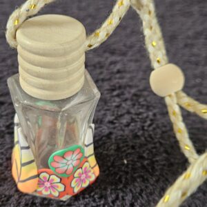Hanging Car Air Freshener Bottle Refillable Glass Diffuser, Polymer Clay Flower Accent, Wooden Cap Car Fragrance Ornament & Essential Oil Holder