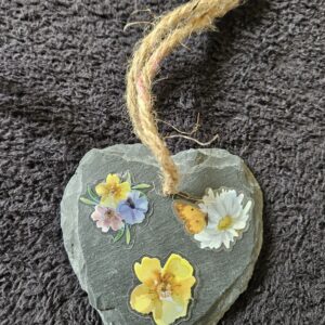 Hand-Carved Heart Slate Hanging Ornament – Wildflower and Butterfly Decal Slate Sign, Rustic Country Home Decor, Memorial Mother’s Day Gift