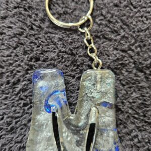 Handmade Resin Initial Keychain – Custom Letter M Keyring with Silver Foil and Deep Blue Accents, Personalized Bag Charm and Gift