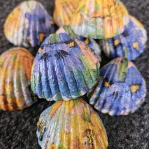 Purple Iris Decoupage Sea Shells Set of 9 Handcrafted Blue Violet Floral Scallop Shell Tray Fillers, Summer Botanical Beach Decor, Cottagecore Vanity Accents