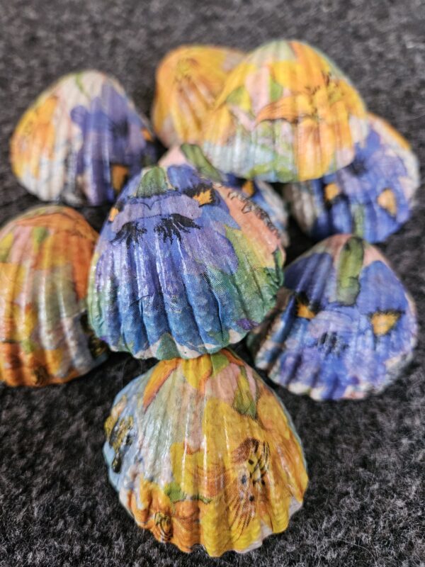 Purple Iris Decoupage Sea Shells Set of 9 Handcrafted Blue Violet Floral Scallop Shell Tray Fillers, Summer Botanical Beach Decor, Cottagecore Vanity Accents
