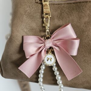 Handmade Pink Ribbon Bow Bag Charm with Pearl Loop | Luxury Coquette Style Keychain and Purse Accessory for Handbags