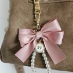 Handmade Pink Ribbon Bow Bag Charm with Pearl Loop | Luxury Coquette Style Keychain and Purse Accessory for Handbags