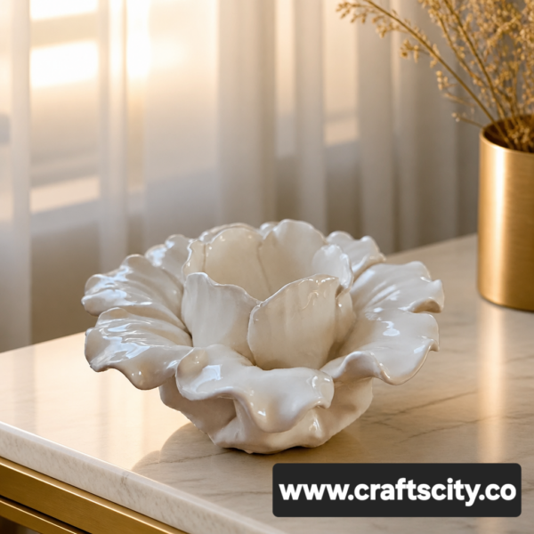 Cream Ceramic Lotus Petal Candleholder | Glossy Blooming Floral Tea Light Holder Centerpiece