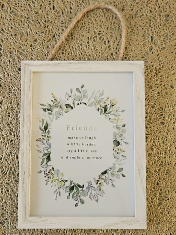 Friends Quote Hanging Plaque with Wood Frame | Eucalyptus Friendship Gift Sign Wall Art Decor with Jute Rope