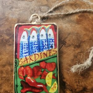 Sardines Tin Ornament Vintage Style |Small Tinned Fish Kitchen Decor | Retro Foodie Gift Hanging Wall Art Accent with Jute Rope