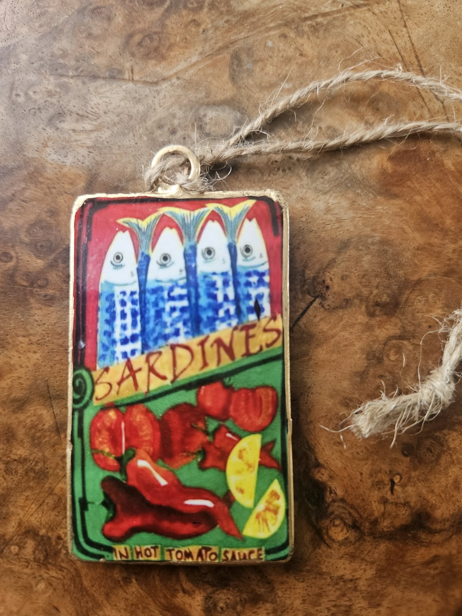 Sardines Tin Ornament Vintage Style |Small Tinned Fish Kitchen Decor | Retro Foodie Gift Hanging Wall Art Accent with Jute Rope