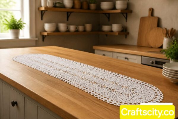 Handmade White Crochet Lace Table Runner | 117cm Long Oval Vintage Style Cotton Table Runner