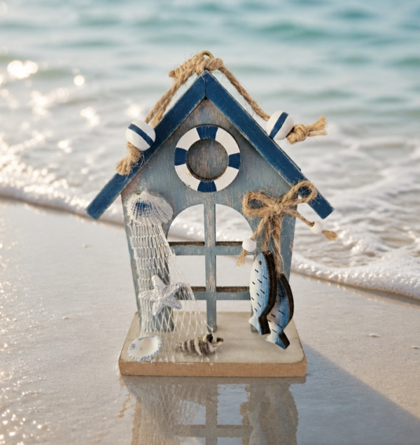 Miniature Wooden Beach House Ornament | 15cm Nautical Beach Hut Decor with Starfish & Fish Charms | Coastal Seaside Bathroom Shelf Sitter Table Decoration